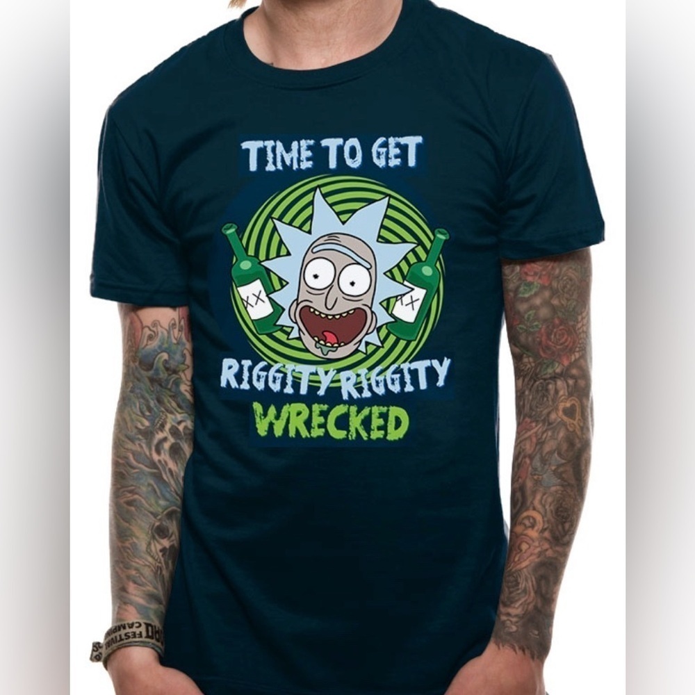 Rick and Morty Riggity Wrecked Blue Short Sleeve T Shirt Men’s XL Cartoon Fan